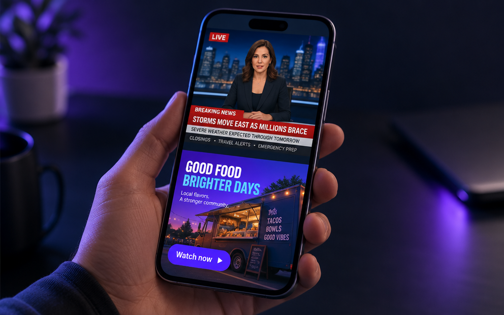 A client's ad running on a phone screen during a live news broadcast