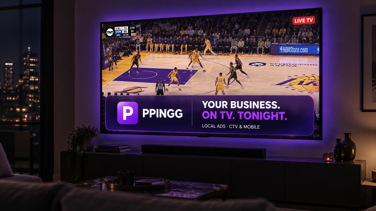 A TV screen showing a live game, with your branded local business ad playing during the broadcast